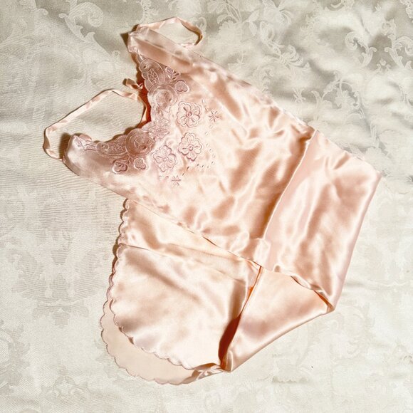 Luxury 100% Silk Embroidered 2-Piece Robe Cami Sleepwear Set - Peach Pink - Picture 4 of 10